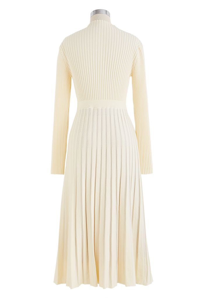 Front Pleats Splicing Belted Hi-Lo Knit Dress in Cream