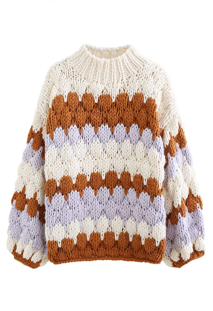 Color Blocked High Neck Hand-Knit Chunky Sweater in Cream