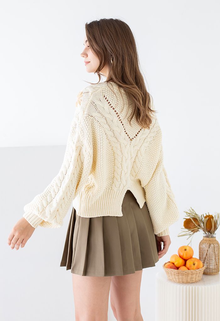 Stitched Flowers Braided Hand Knit Cardigan in Cream