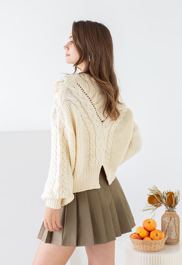 Stitched Flowers Braided Hand Knit Cardigan in Cream