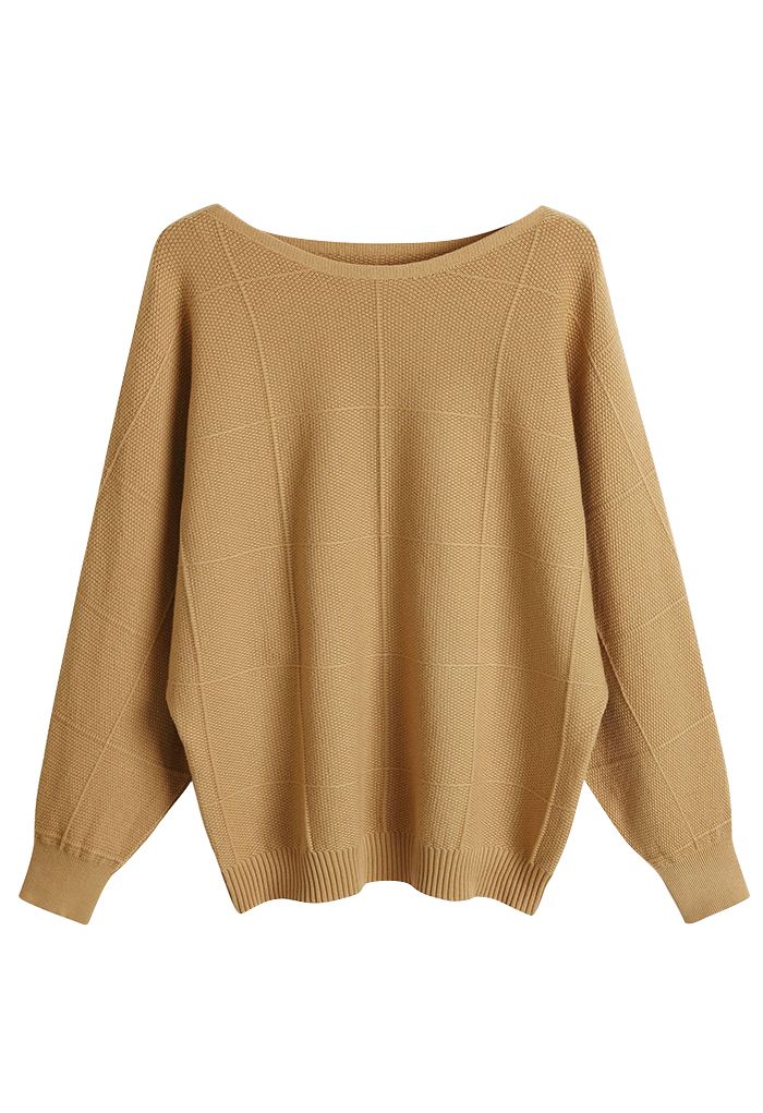 Cozy Boat Neck Batwing Sleeve Sweater in Tan