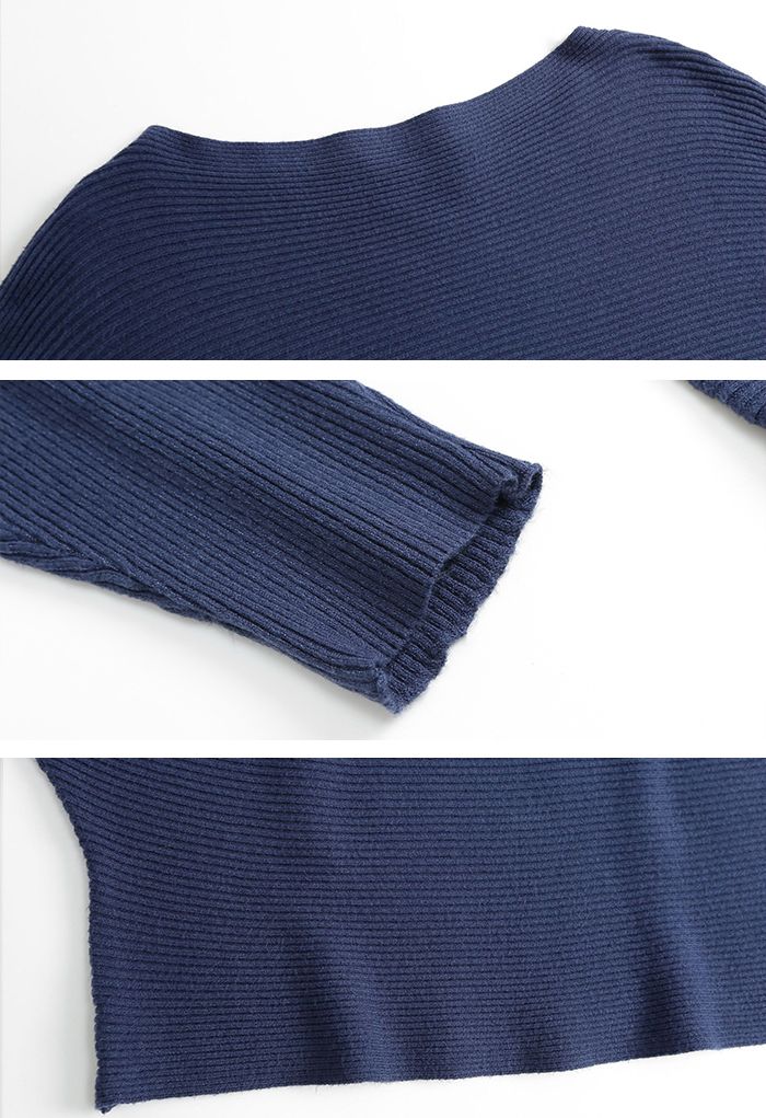 Boat Neck Batwing Sleeves Knit Top in Navy