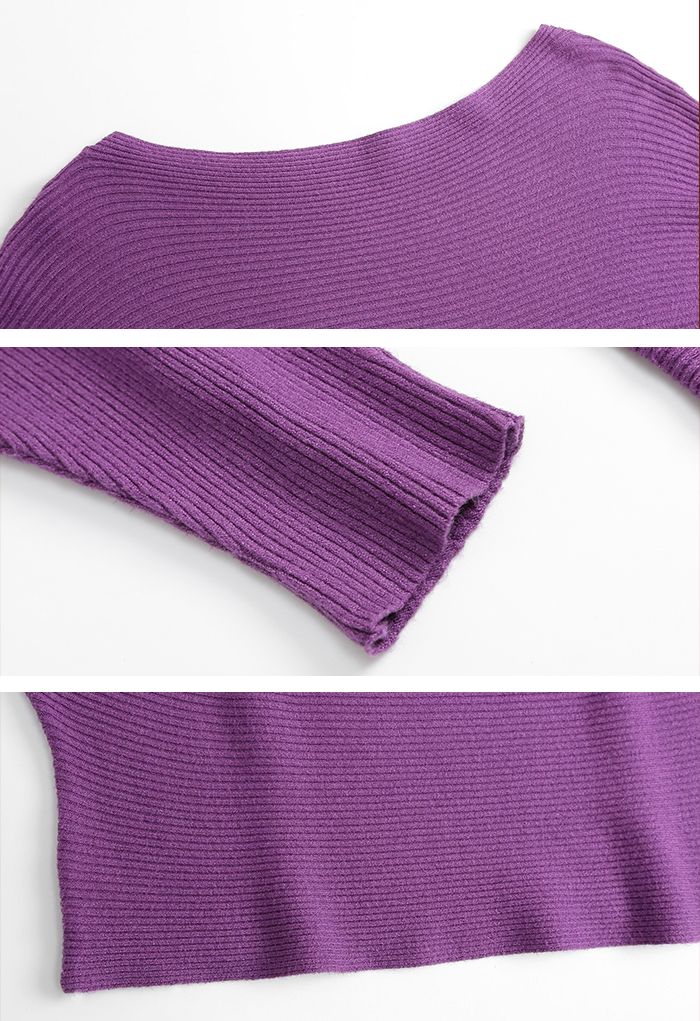 Boat Neck Batwing Sleeves Knit Top in Purple