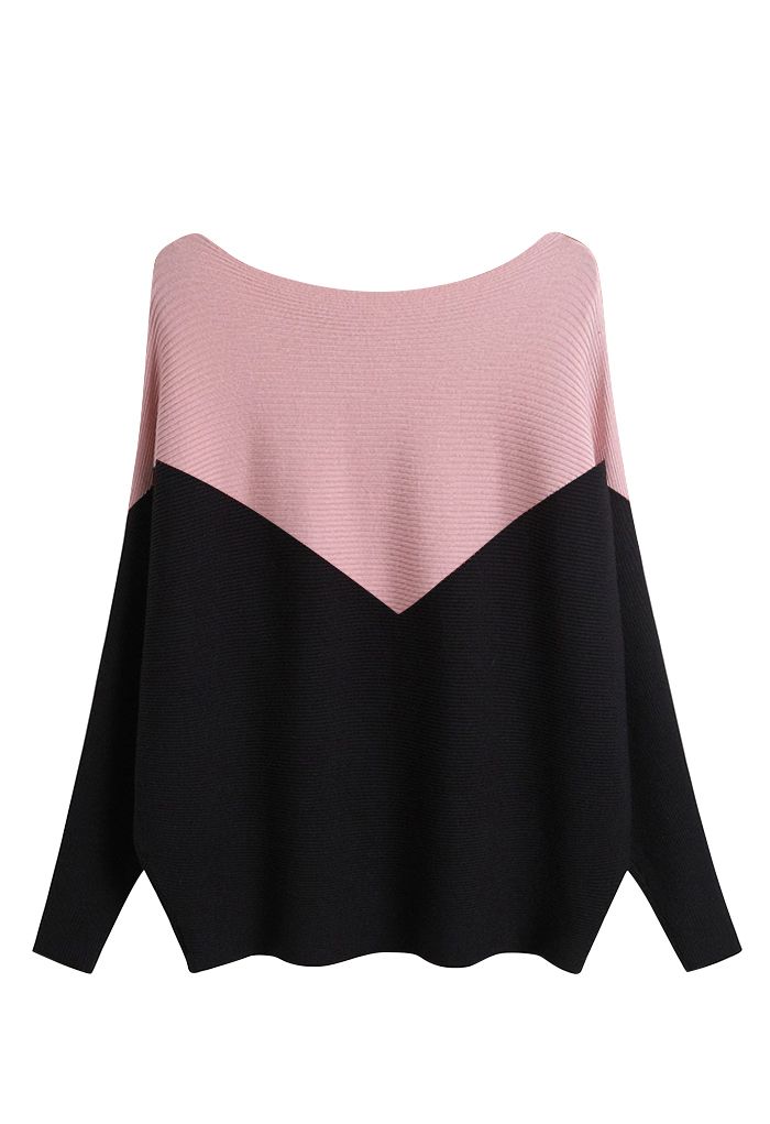 Two-Tone Boat Neck Batwing Sleeve Sweater in Pink