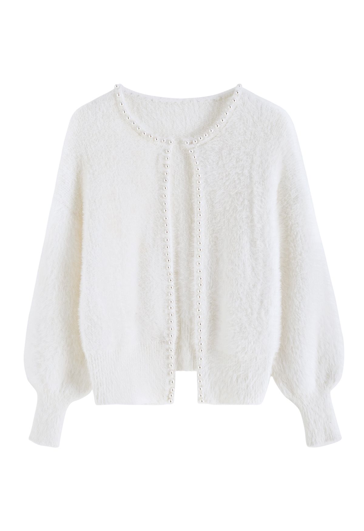 Open Front Pearly Fuzzy Knit Cardigan in White