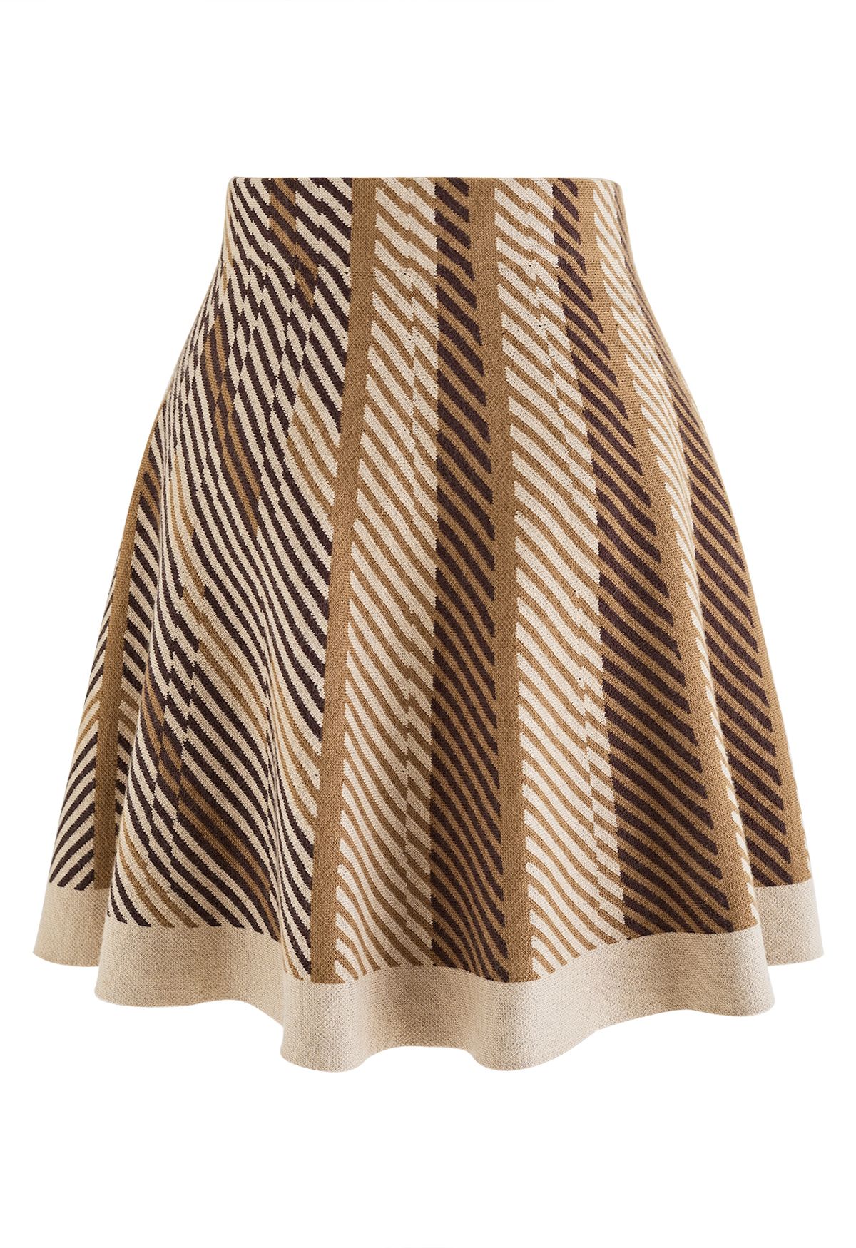 High Waist Stripe Flare Knit Skirt in Tan