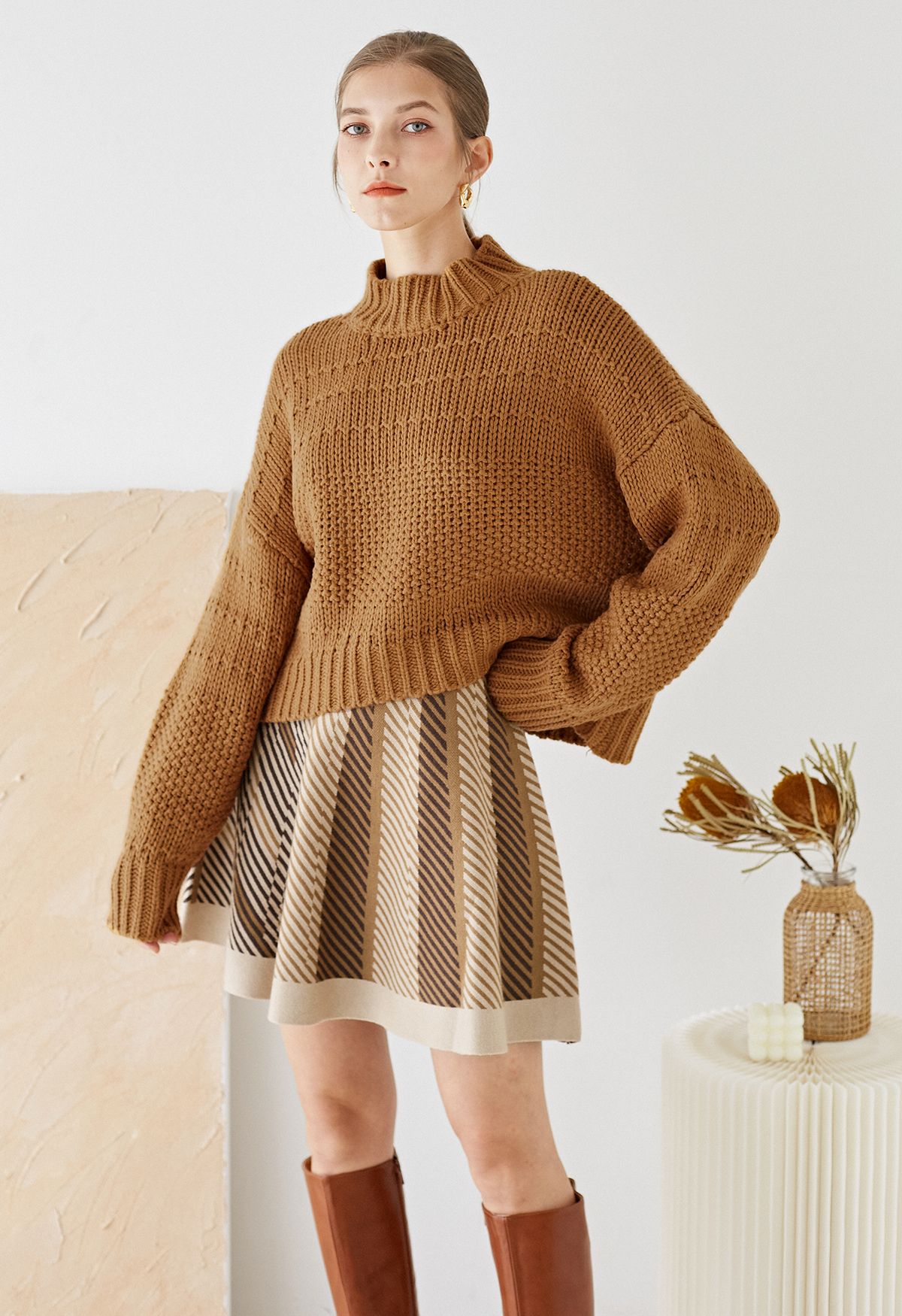 High Waist Stripe Flare Knit Skirt in Tan