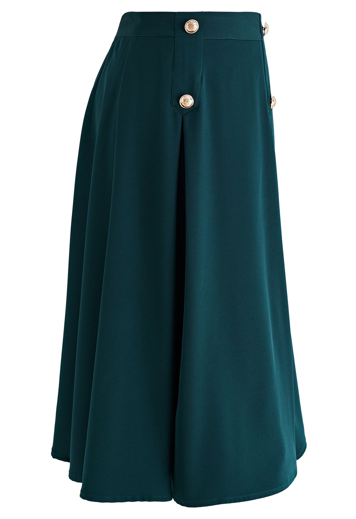 Buttoned Pleated A-Line Skirt in Dark Green