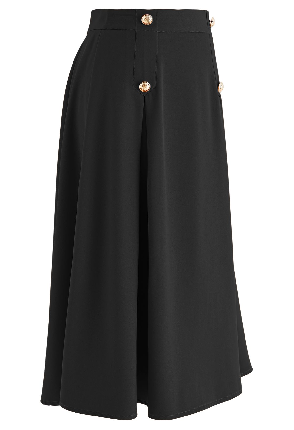 Buttoned Pleated A-Line Skirt in Black