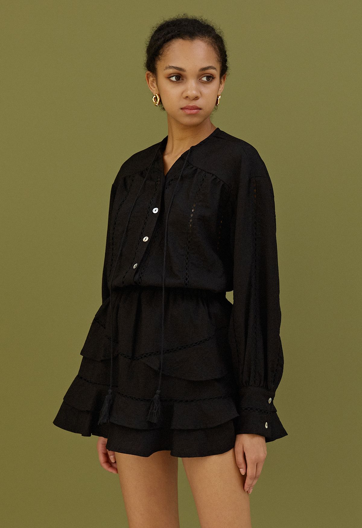 Hollow Out Tassel Shirt and Tiered Mini Skirt Set in Black