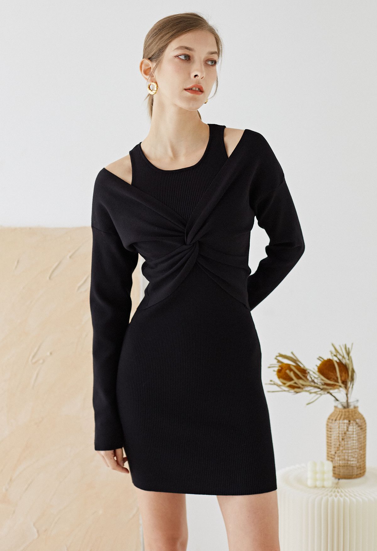 Twist Front Two-Piece Bodycon Knit Dress in Black