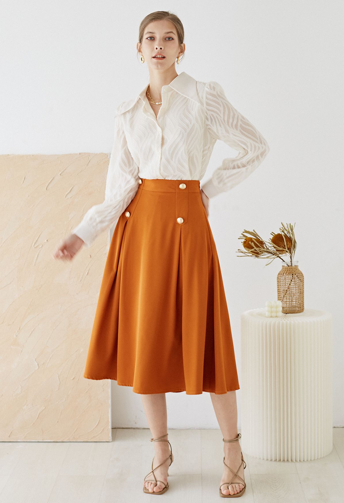 Buttoned Pleated A-Line Skirt in Pumpkin