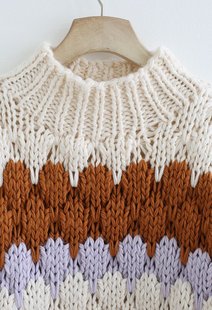 Color Blocked High Neck Hand-Knit Chunky Sweater in Cream