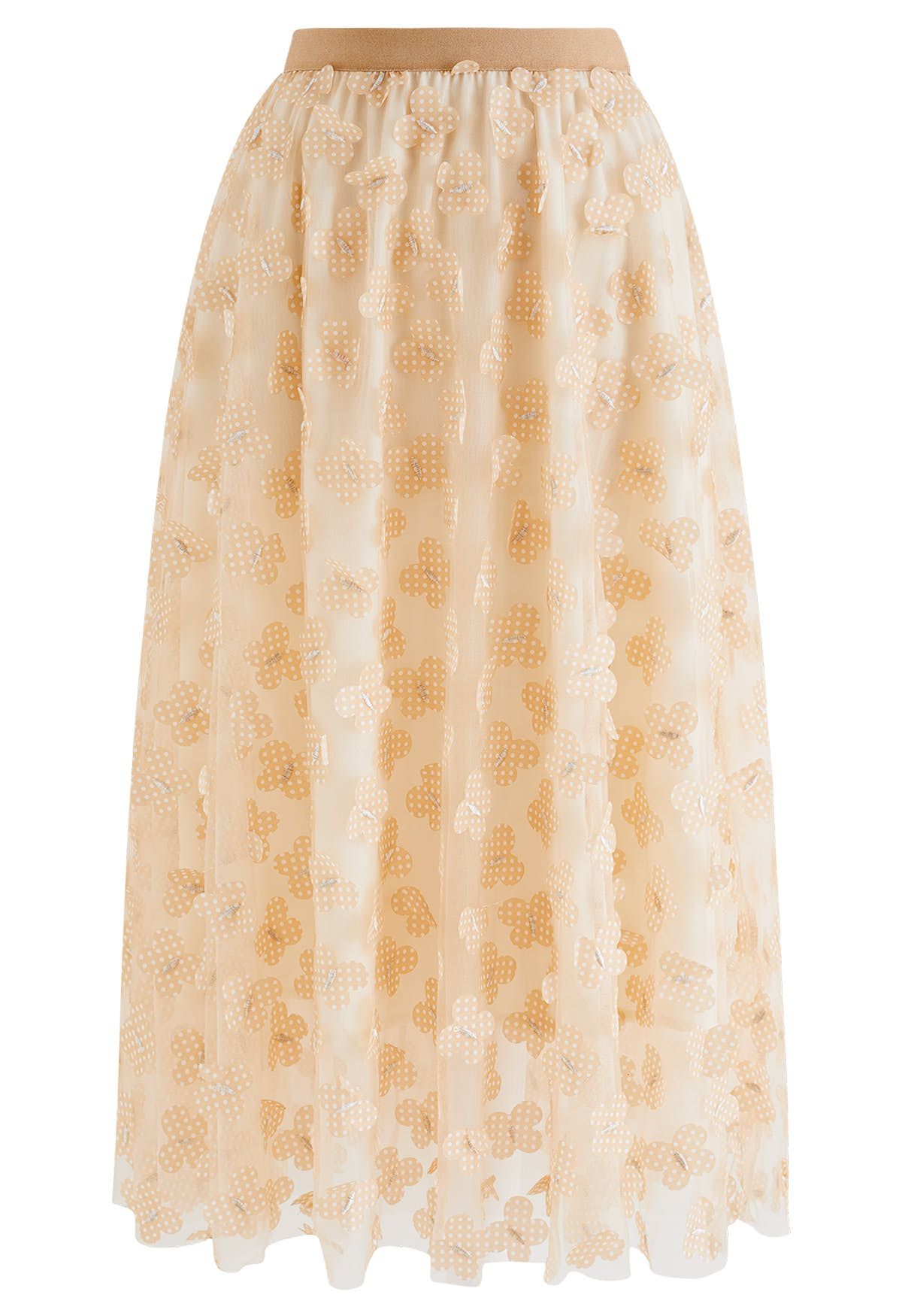 3D Dotted Butterfly Double-Layered Mesh Skirt in Light Tan