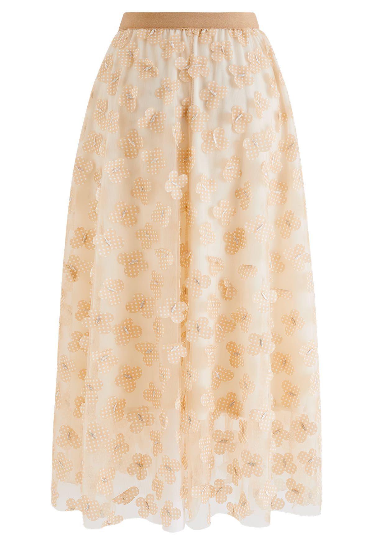 3D Dotted Butterfly Double-Layered Mesh Skirt in Light Tan