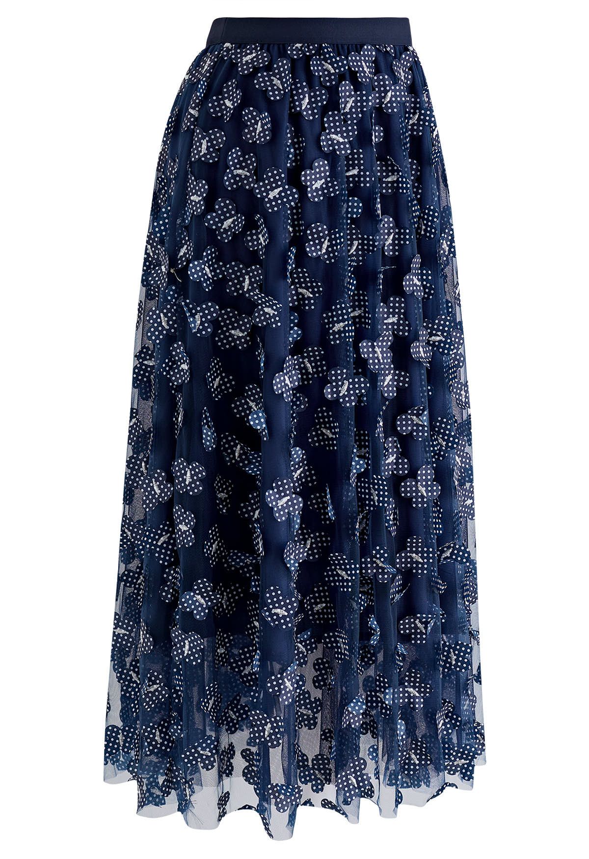 3D Dotted Butterfly Double-Layered Mesh Skirt in Navy