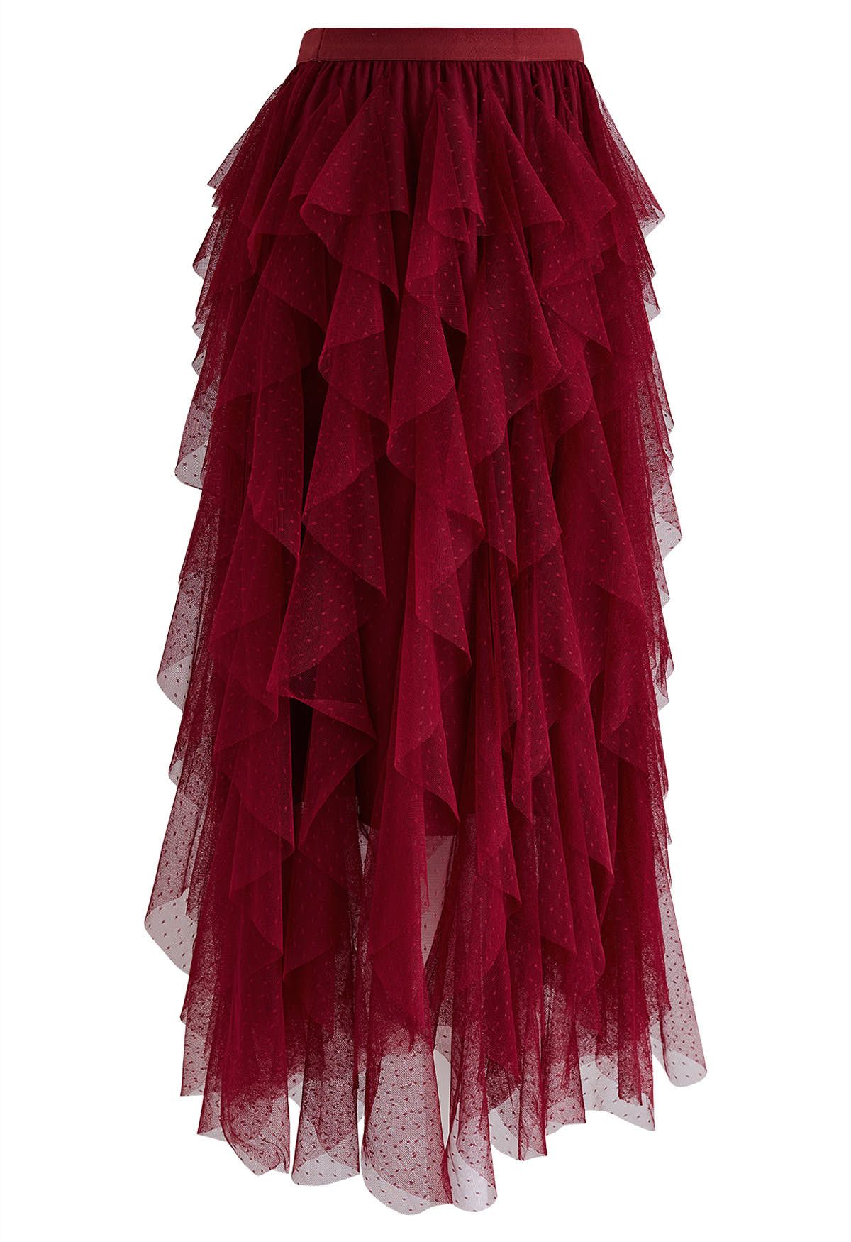 Dots Full Ruffled Tulle Skirt in Red