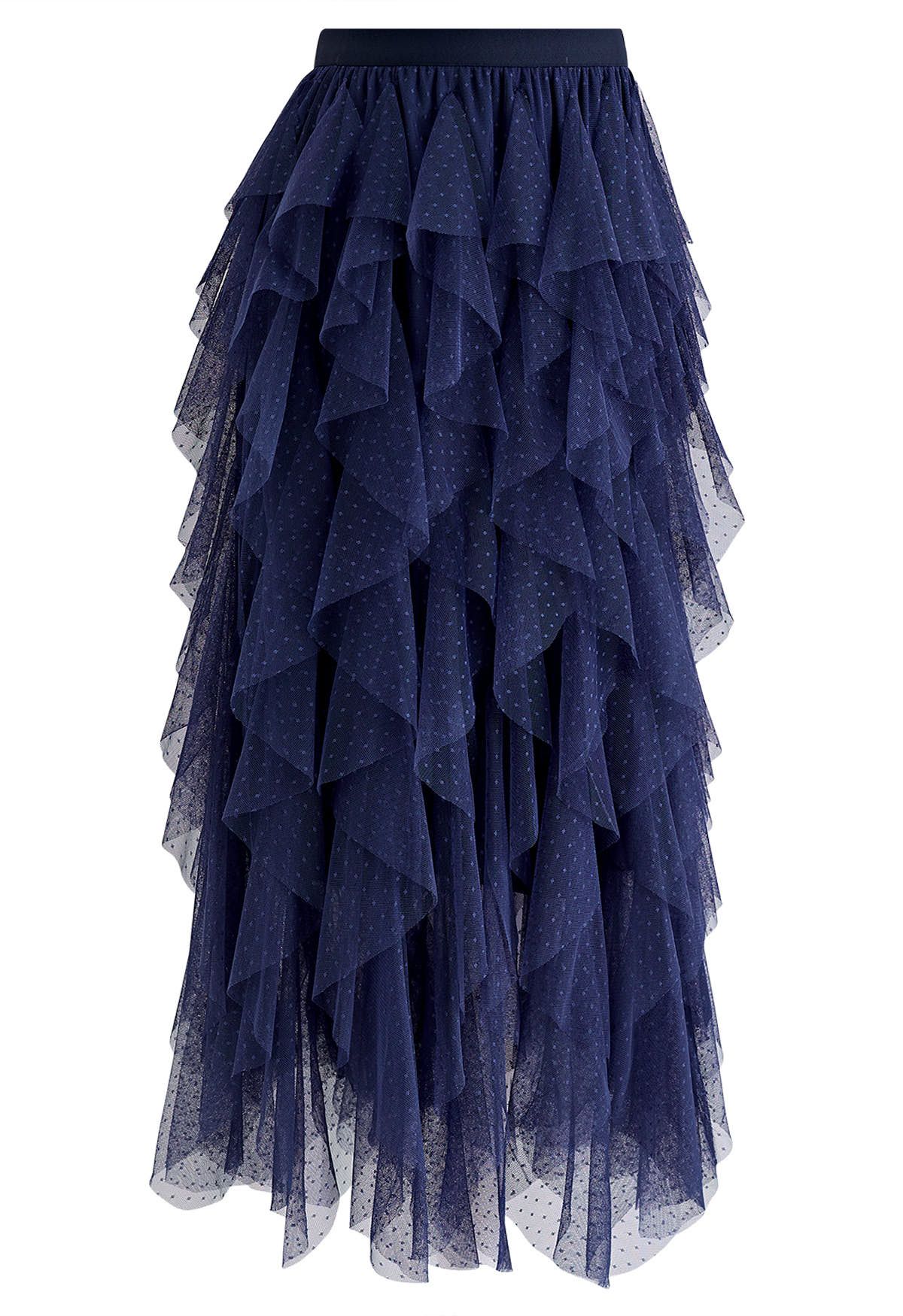 Dots Full Ruffled Tulle Skirt in Navy