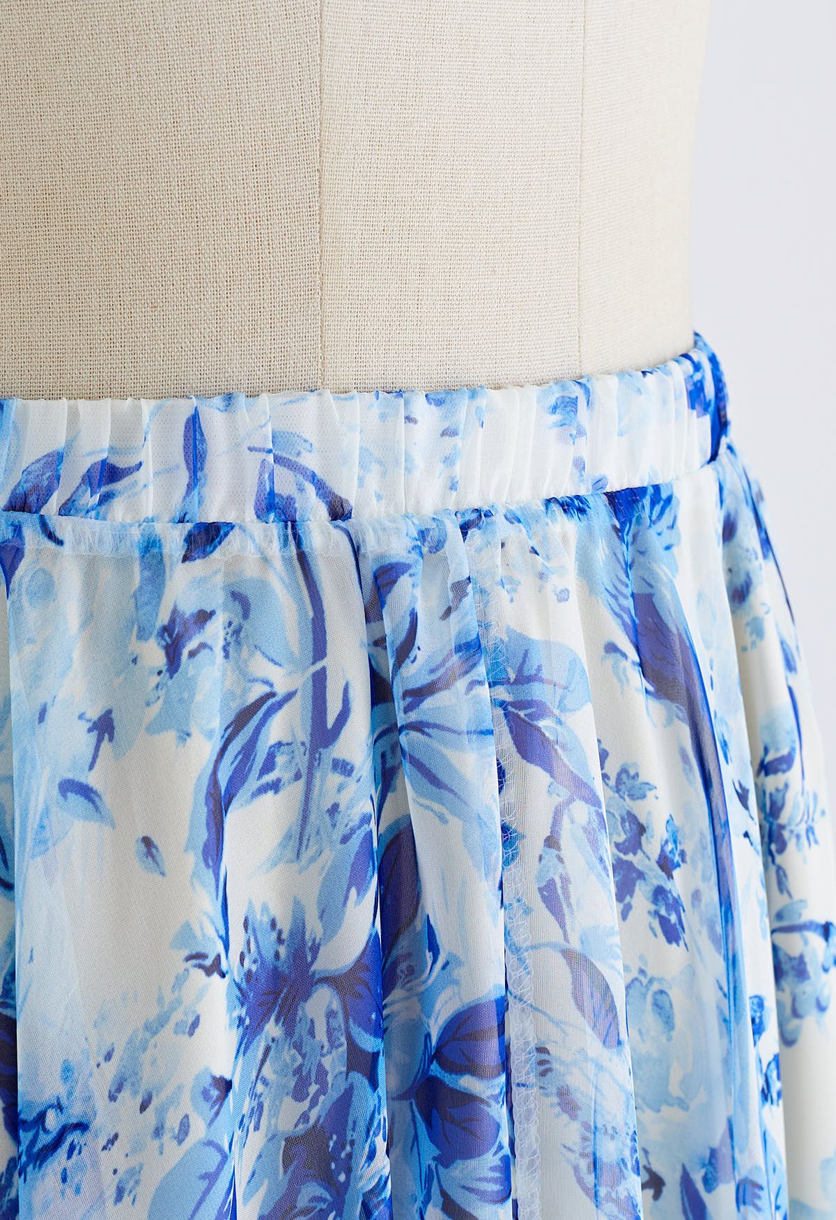 Summer Forest Printed Chiffon Maxi Skirt in Blue