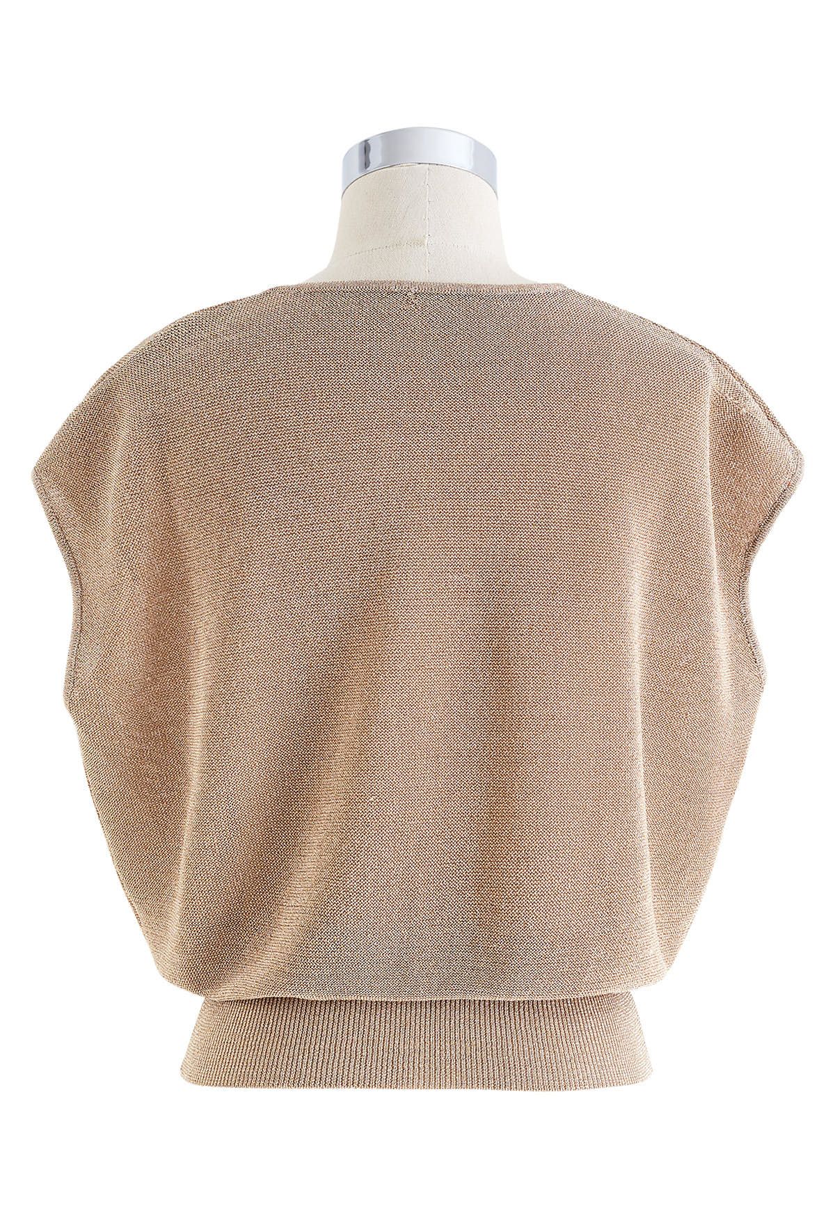 Glimmer Knit V-Neck Sleeveless Top in Light Tan