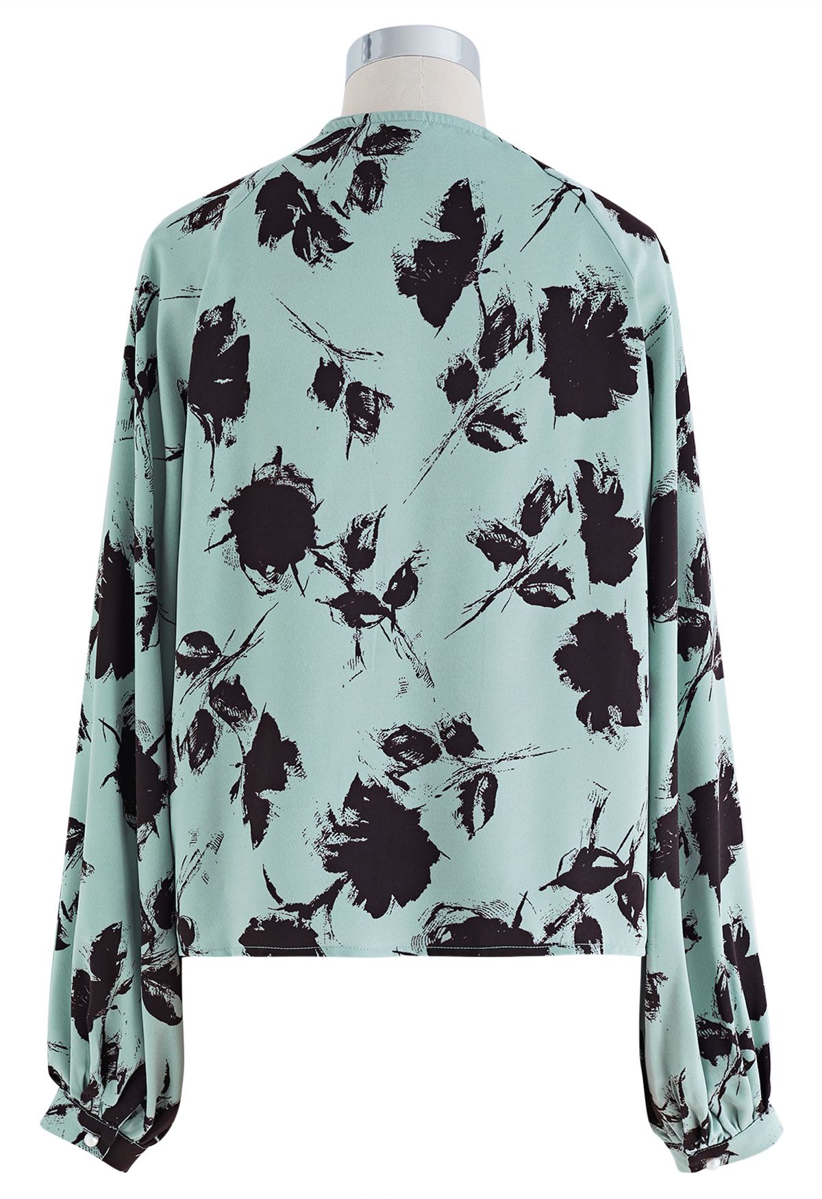 Ink Floral Lantern Sleeve Satin Shirt in Pea Green