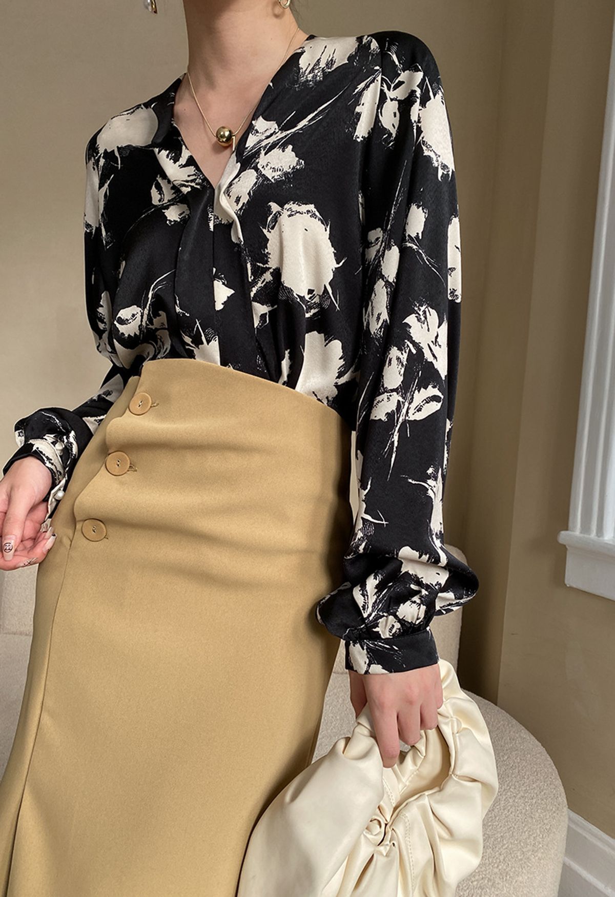 Ink Floral Lantern Sleeve Satin Shirt in Black