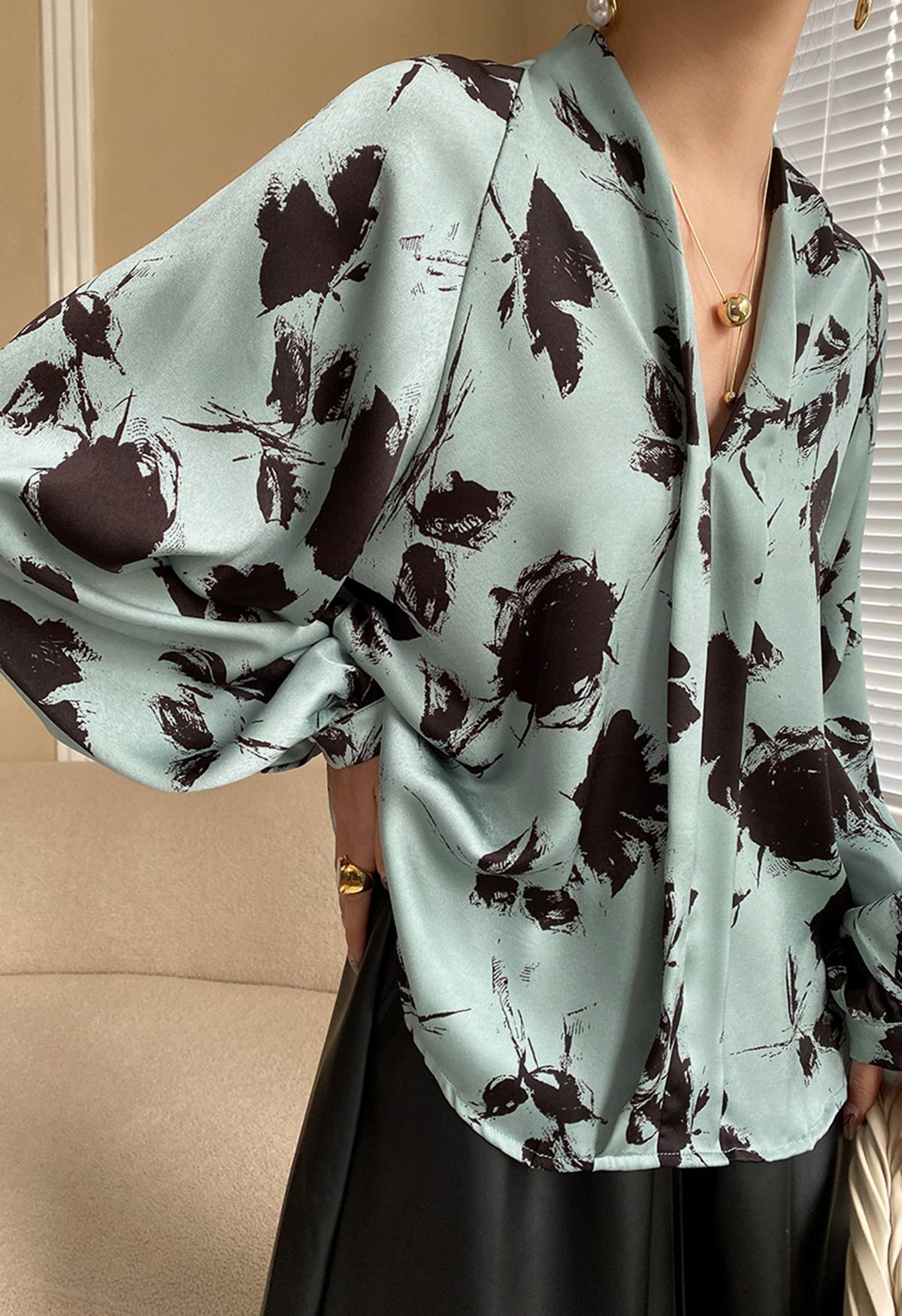 Ink Floral Lantern Sleeve Satin Shirt in Pea Green