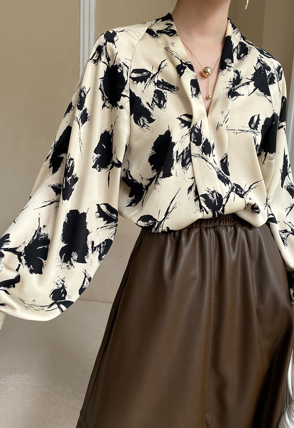 Ink Floral Lantern Sleeve Satin Shirt in Light Tan