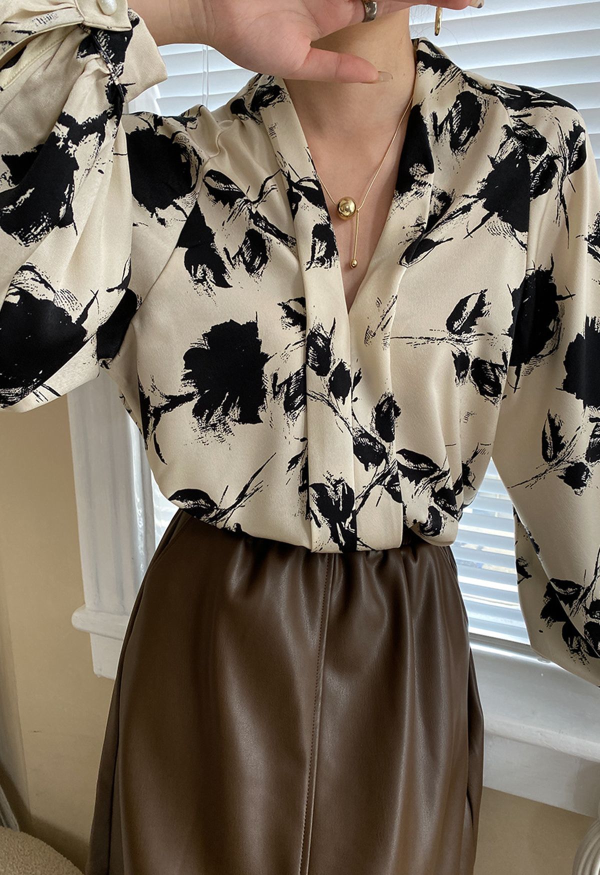 Ink Floral Lantern Sleeve Satin Shirt in Light Tan