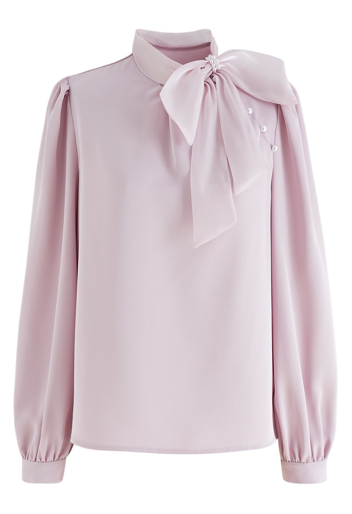 Organza Bowknot Pearl Satin Shirt in Pink