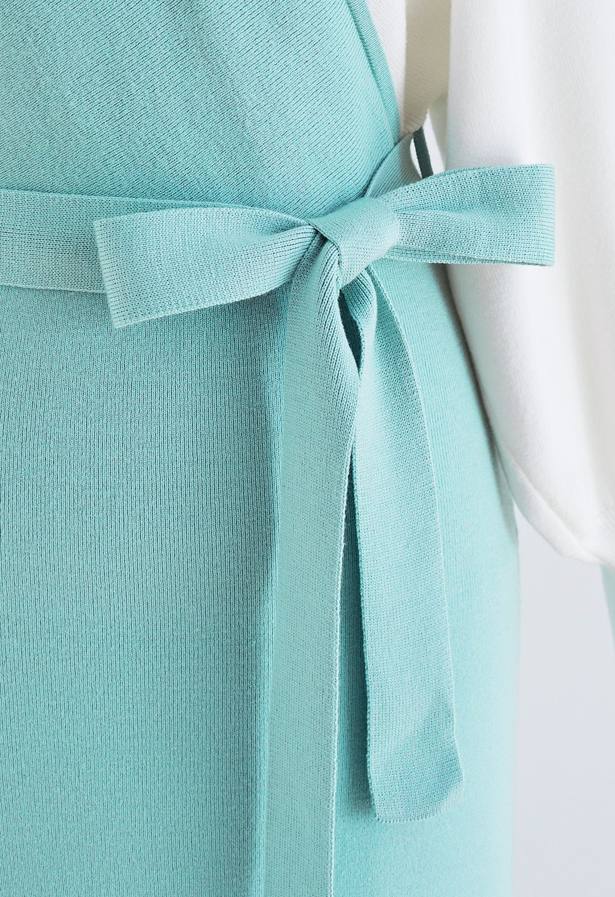 Tie Bow Two-Tone Knit Wrap Midi Dress in Teal