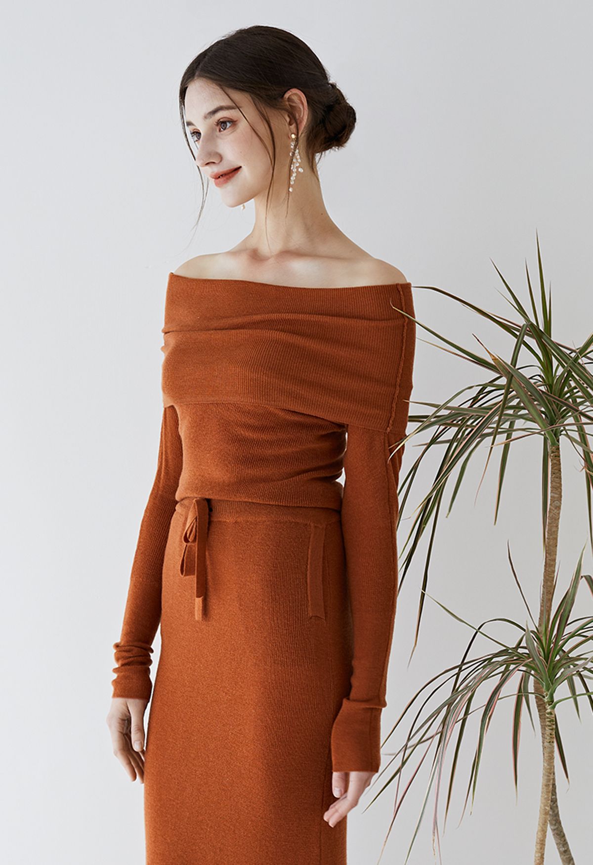 Fold Over Off-Shoulder Knit Top in Pumpkin