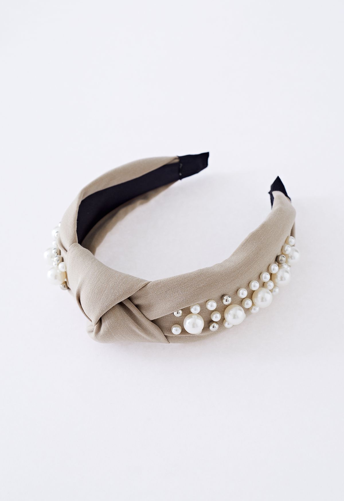 Pearl Decor Beaded Cloth Headband in Taupe
