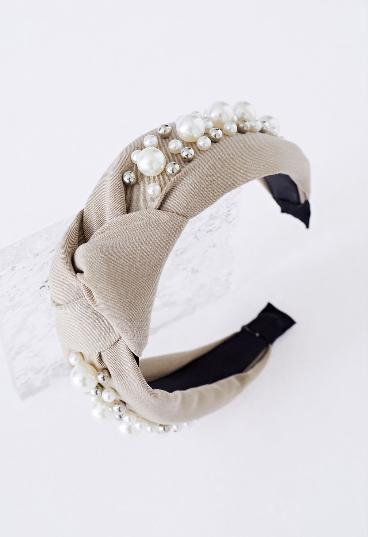 Pearl Decor Beaded Cloth Headband in Taupe