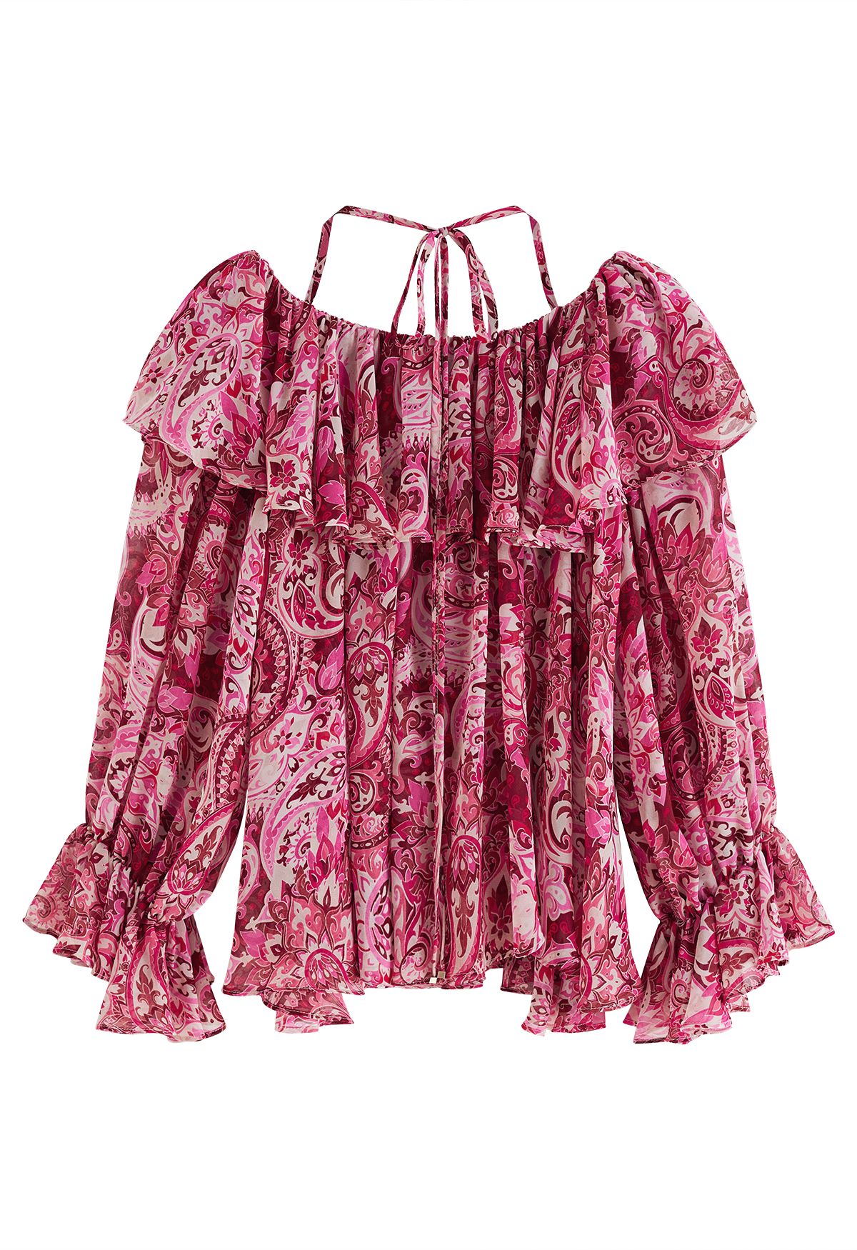 Tie Neck Ruffle Off-Shoulder Chiffon Top in Paisley Print