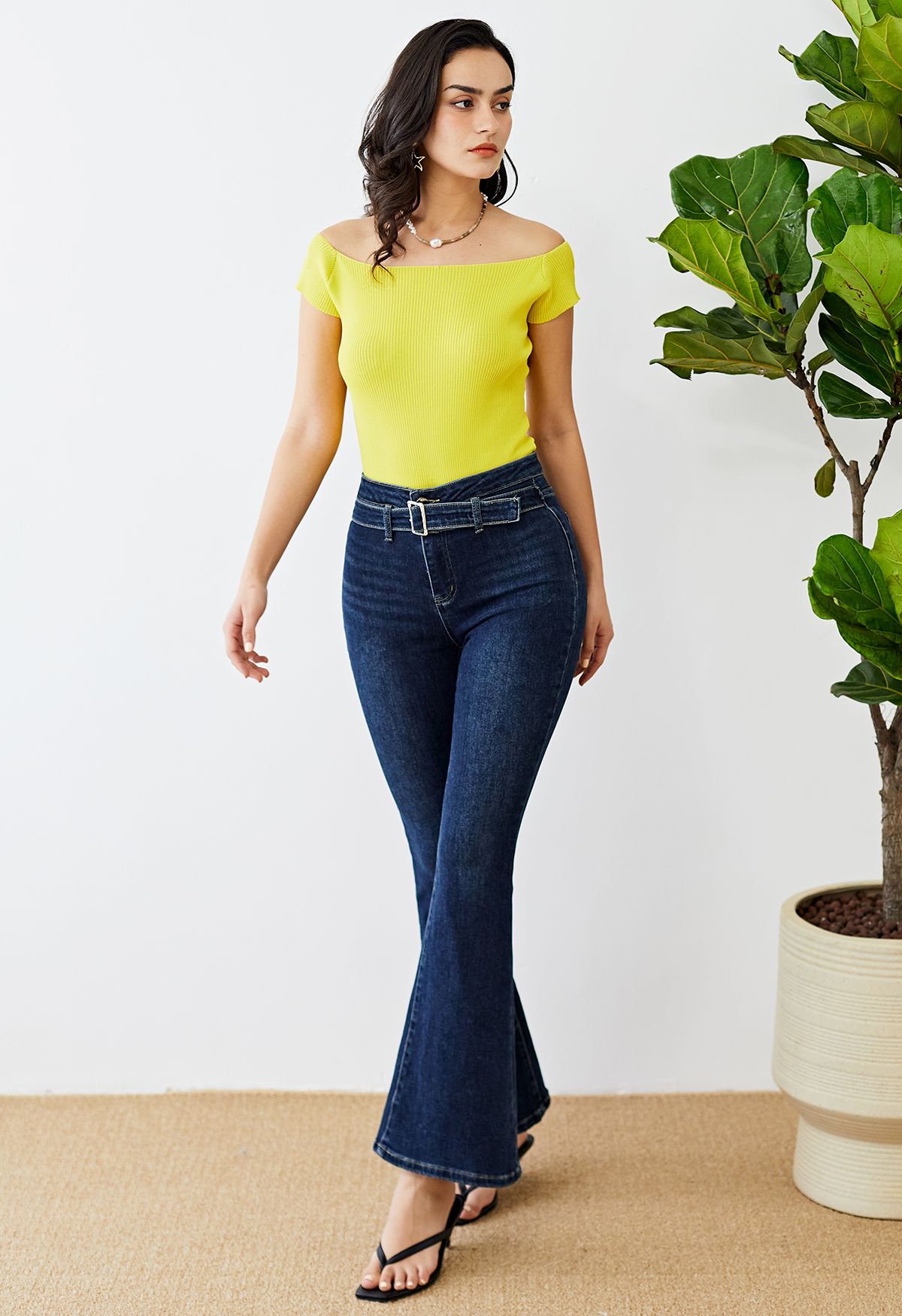 Boat Neck Rib Knit Crop Top in Yellow