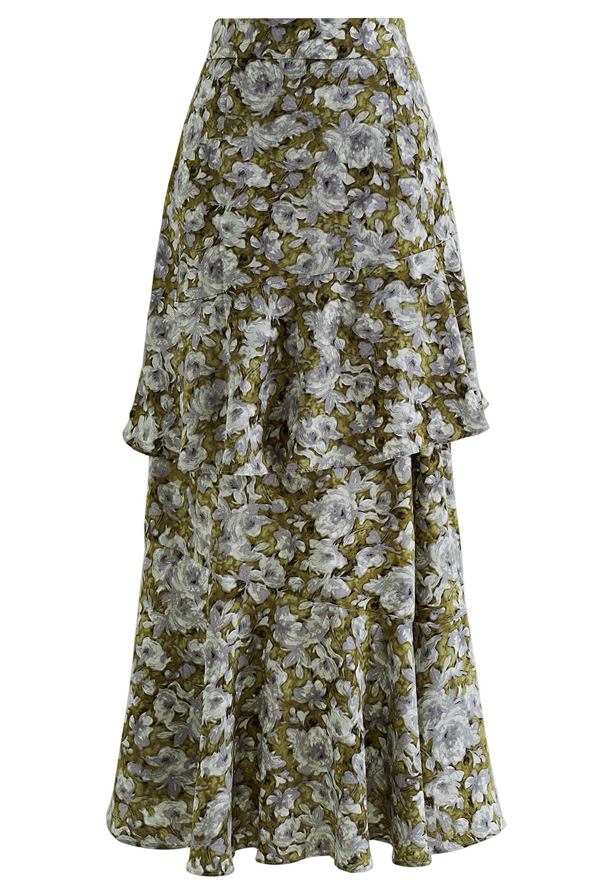 Floral Oil Painting Ruffle Maxi Skirt in Green