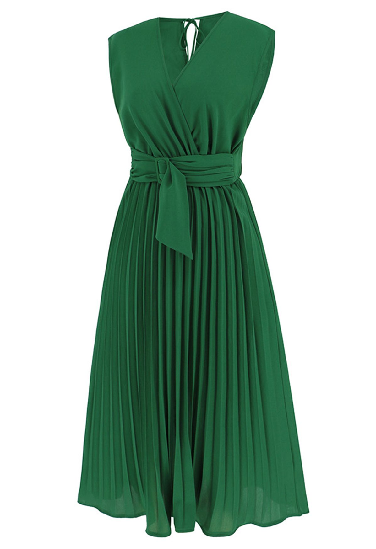 Sash Adorned Pleated Wrap Sleeveless Dress in Green