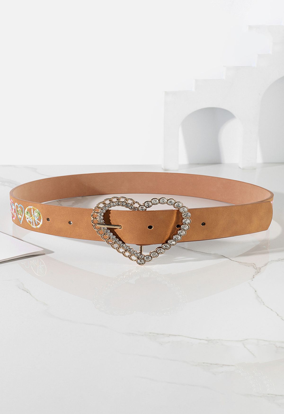 Rhinestone Heart Floral Embroidered Belt