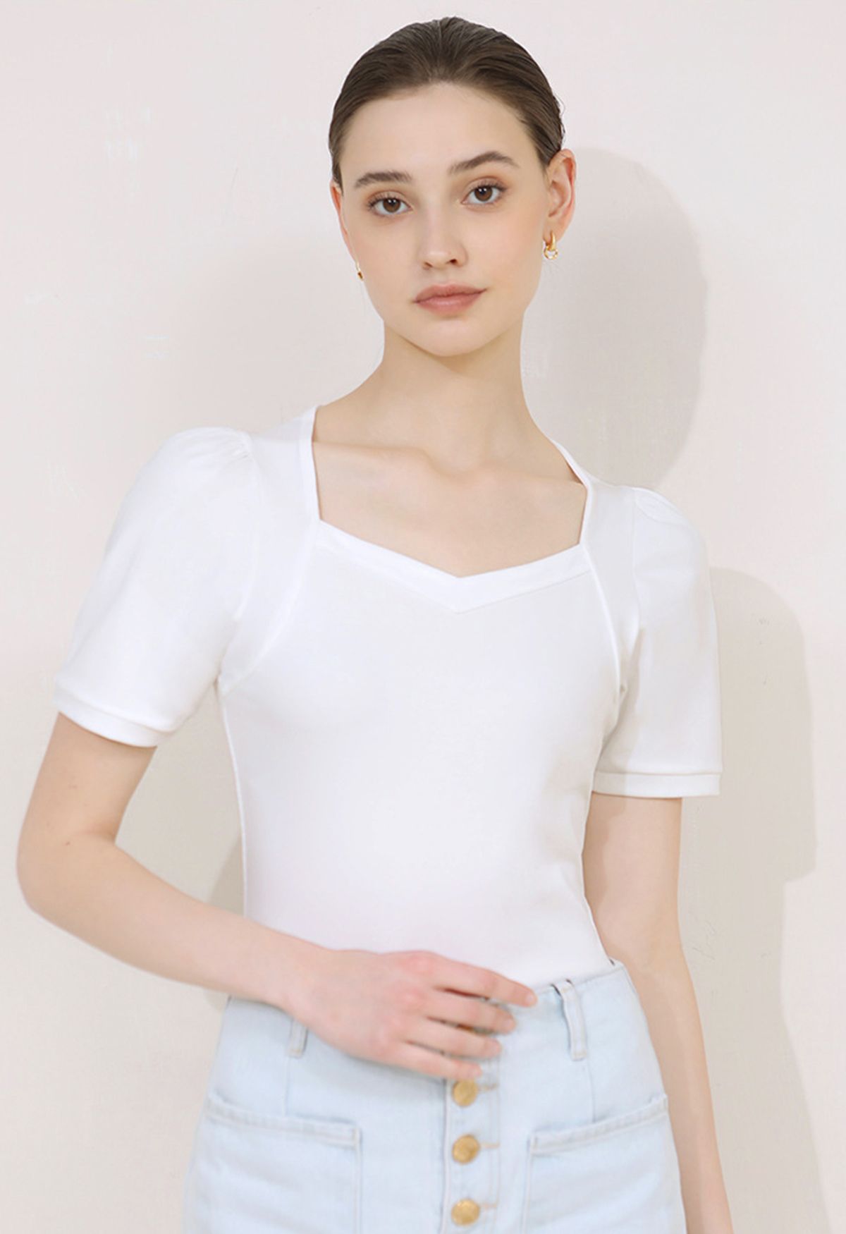 Square Neckline Puff Shoulder T-Shirt in White