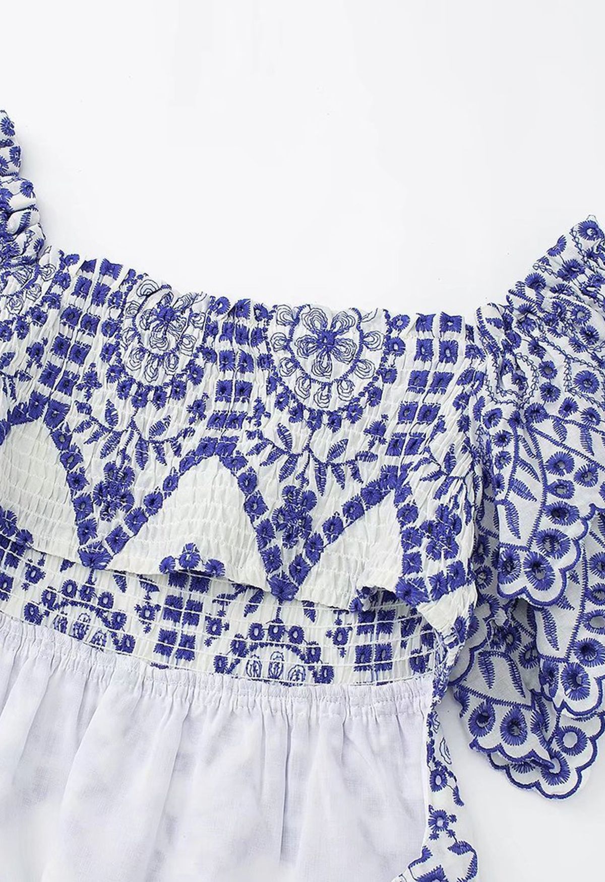 Blue Embroidery Ruffle Sleeve Cotton Dress