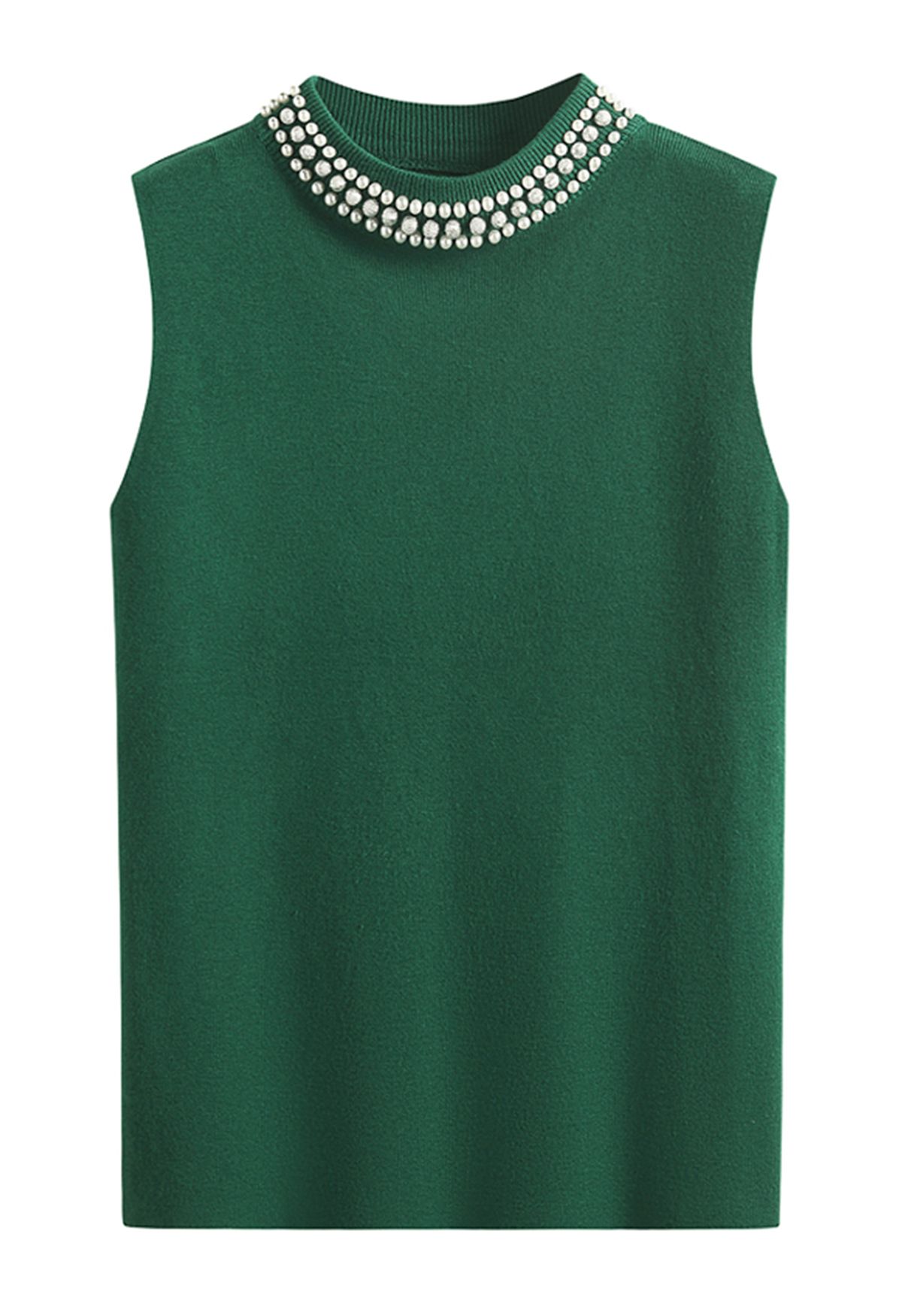 Pearl Embellished Mock Neck Sleeveless Knit Top in Dark Green