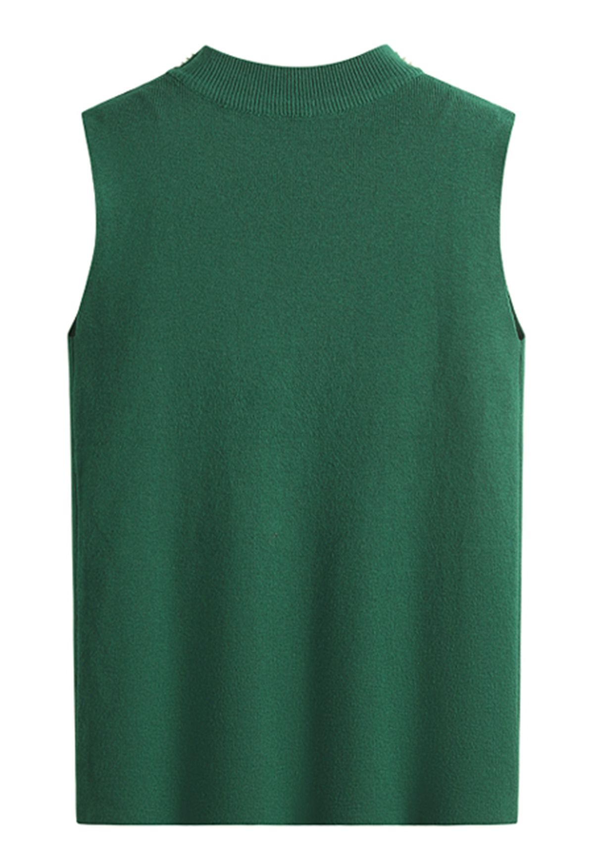 Pearl Embellished Mock Neck Sleeveless Knit Top in Dark Green