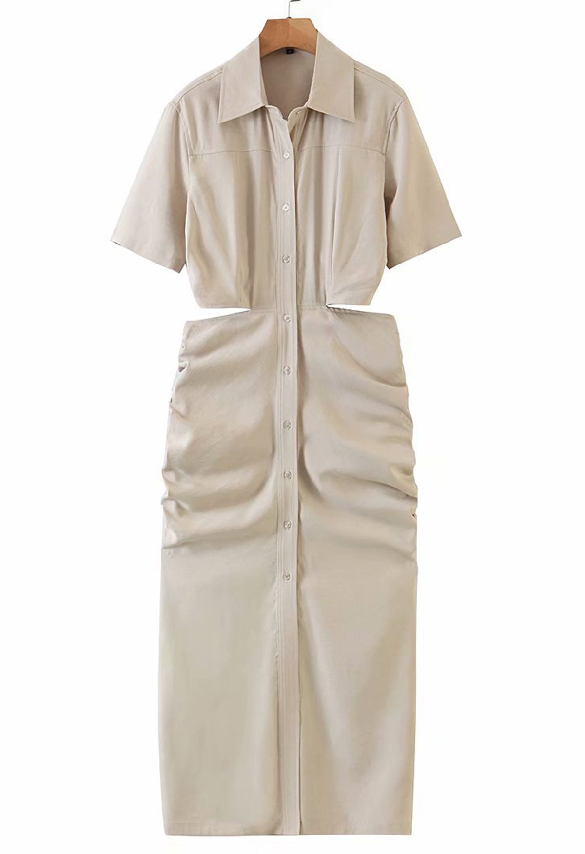 Cutout Waist Side Ruched Shirt Dress in Oatmeal