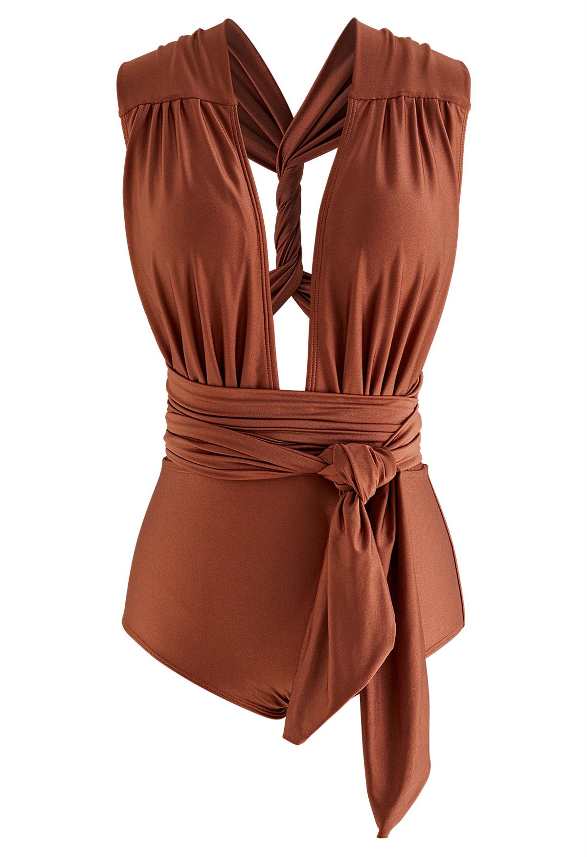 Lace-Up Deep V-Neck One-Piece Swimsuit in Caramel