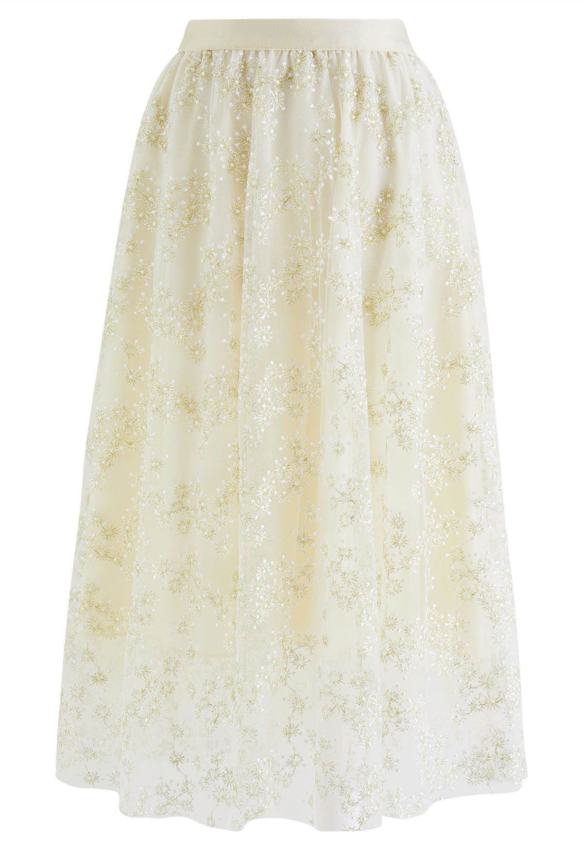 Metallic Embroidered Floret Mesh Midi Skirt in Cream