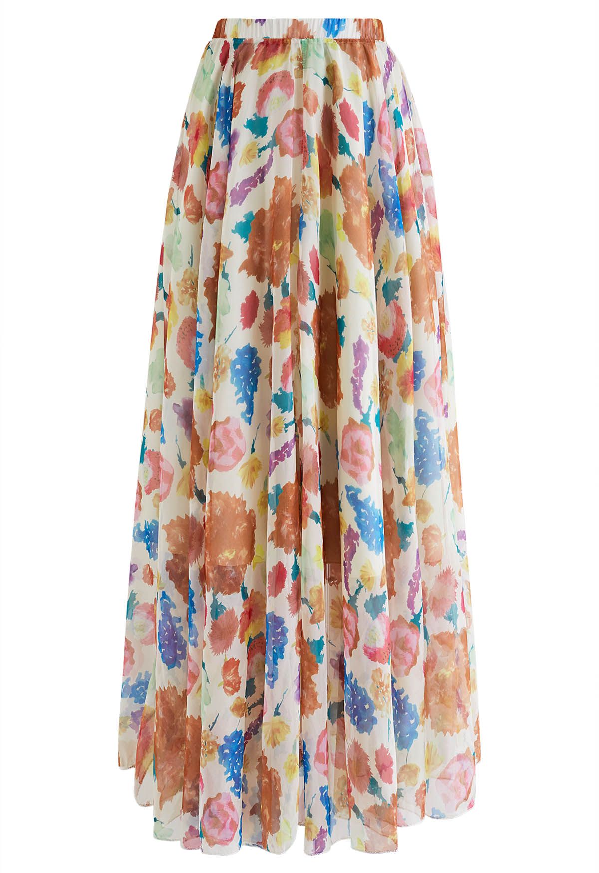 Colorful Blossom Printed Chiffon Maxi Skirt in Light Yellow