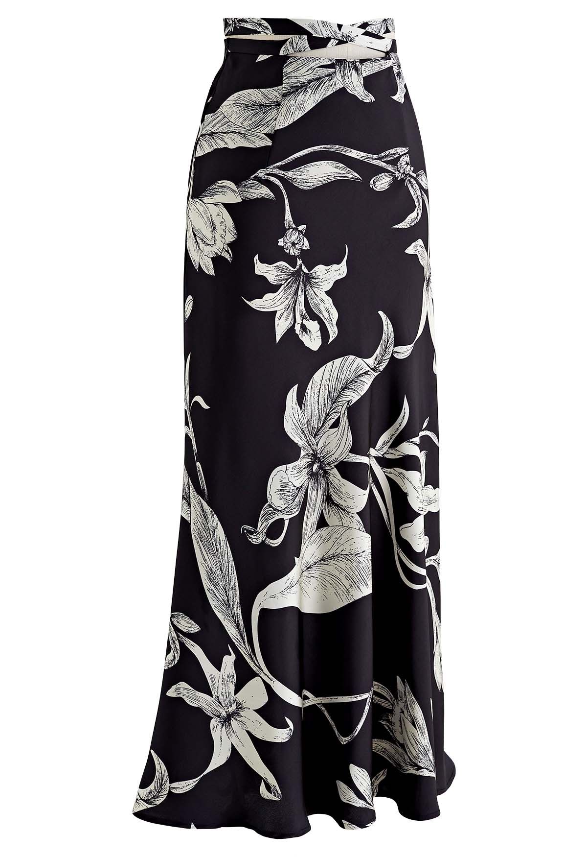 Midnight Lily Satin Pencil Maxi Skirt