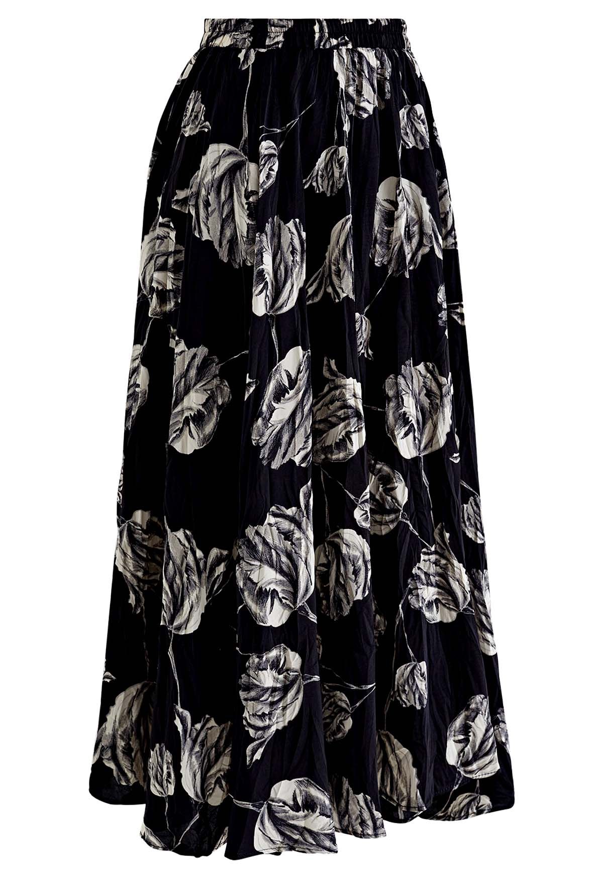 Ink Rose Bud Printed Midi Skirt in Black