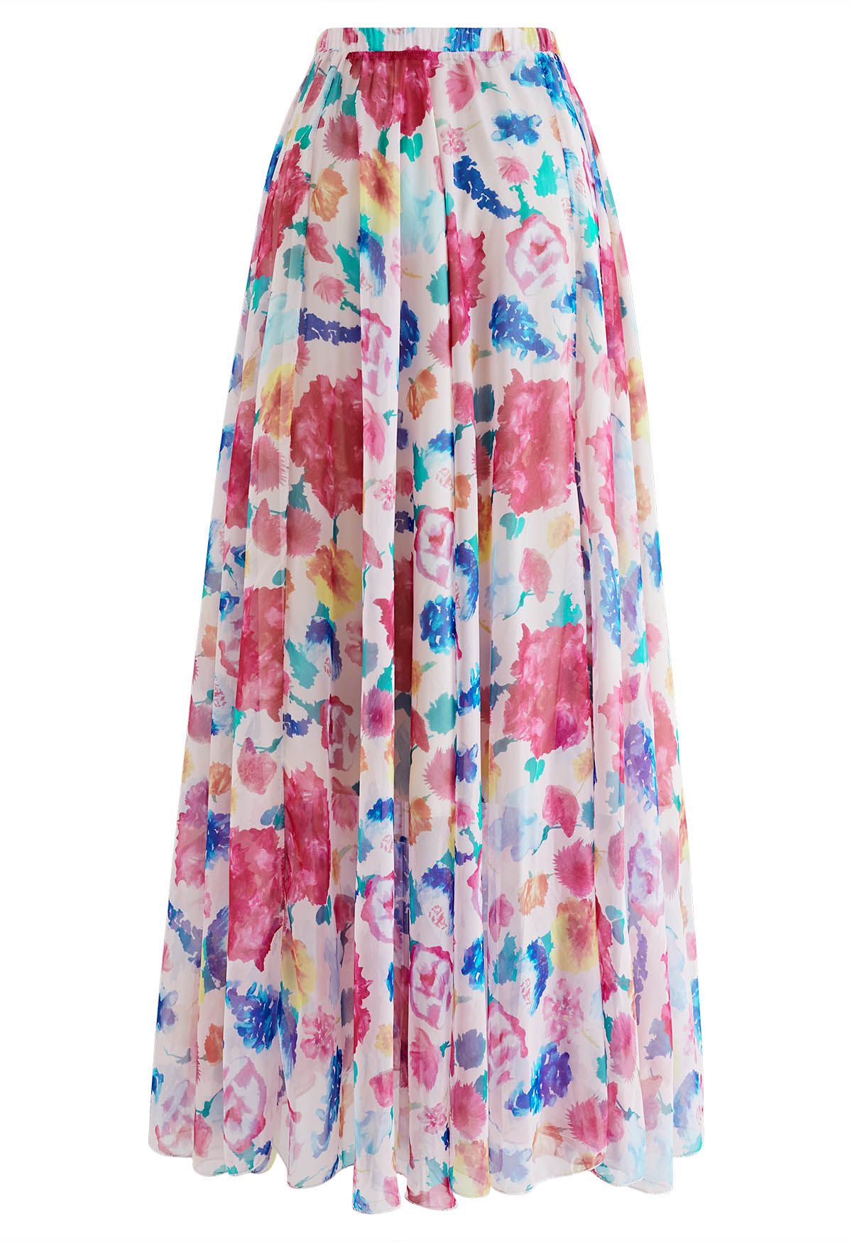 Colorful Blossom Printed Chiffon Maxi Skirt in Pink